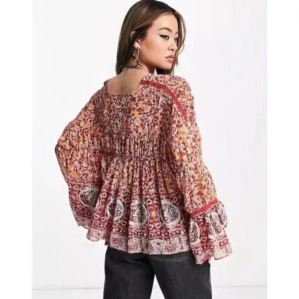 Free People Lorraine Tie Front Kimono Printed Top Size: S